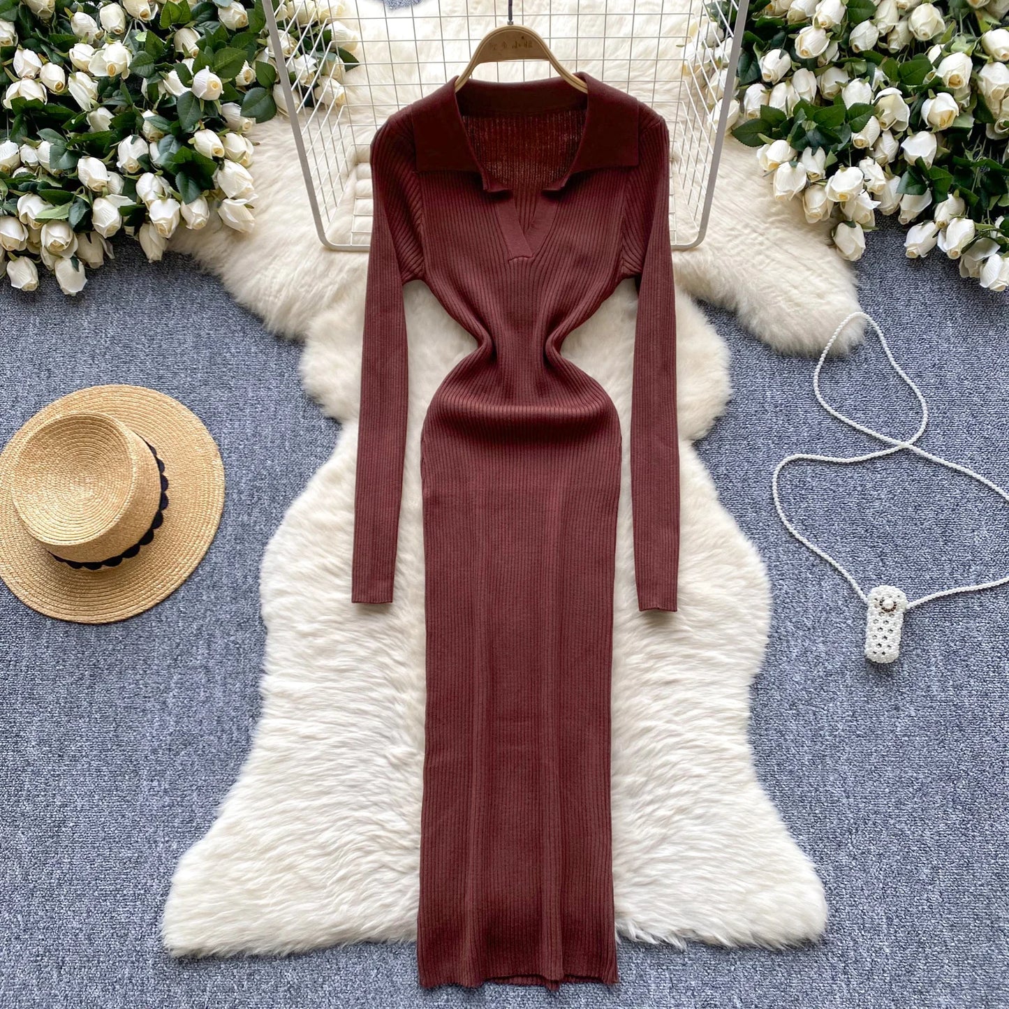 SINGREINY French Vintage Sweater Dress 2024 Ladies Lapel Long Sleeves Autumn Fashion Solid Basics Bodycon Knitted Long Dress