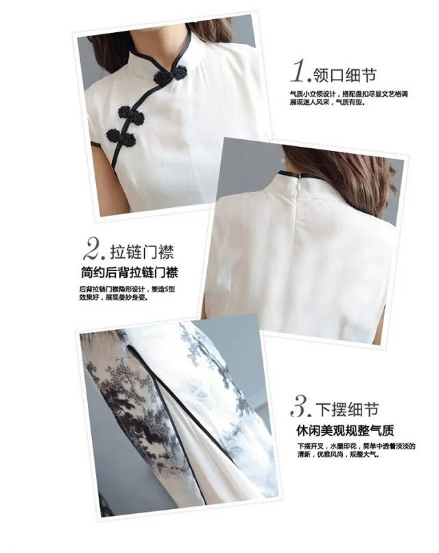 1pcs/lot Summer Elegant Slim Women Painting Cheongsam White Dress Qipao Chiffon Vintage Chinese Style Dress - Seprincess