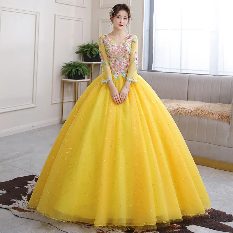 Shiny Ball Gown Women Evening Dresses Appliques Tulle V Neck Appliques Prom Birthday Party Gowns Formal Occasion - Seprincess