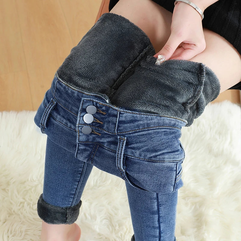 Black Fleece Warm Women Winter Jeans Thickened High Waist Multi-button Skinny Stretch Denim Pants Fashion Korean Female Trousers