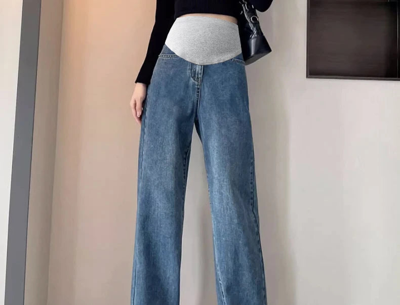 Autumn and Winter Pregnant Women's Belly Pants Fashion Loose Straight Leg Korean Style High Waist Maternity Jeans Denim Trousers