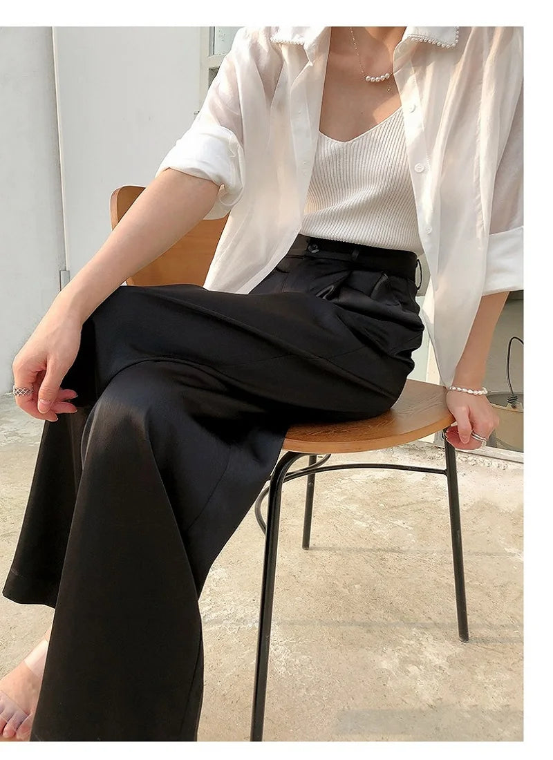 Summer Silk Satin Wide Leg Pants Thin Women Spring Office Straight Suit Trousers Classic Baggy Elegant High Waist Straight Pants