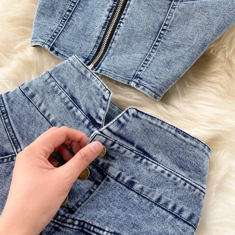 Denim Skirt Set Women Sexy Camisole Tops + High Waist Denim Pencil Skirt 2Pcs Suit Fashion Female Summer Slim Bodycon Suits - Seprincess