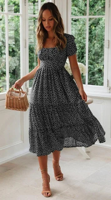 Vestidos Vintage Vintage Print Puff Sleeve summer Beach sweet dresses Casual Square collar floral maxi long dress 2023 festa - Seprincess