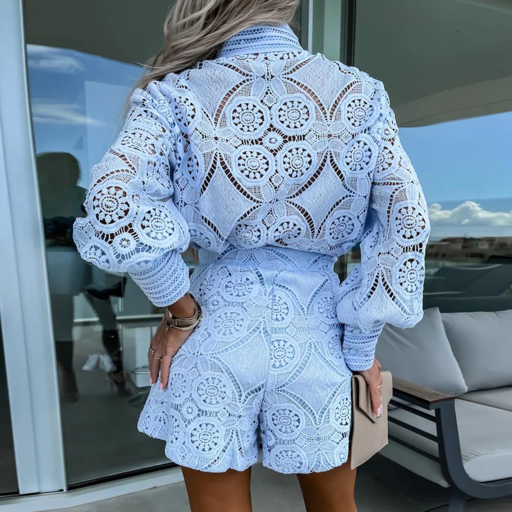 2Pcs/Set Women Outfit Blouse Long Sleeve Single Breasted High Waist Embroidery Hollow Lace Shirt Wide Leg Women Shorts Set - Seprincess