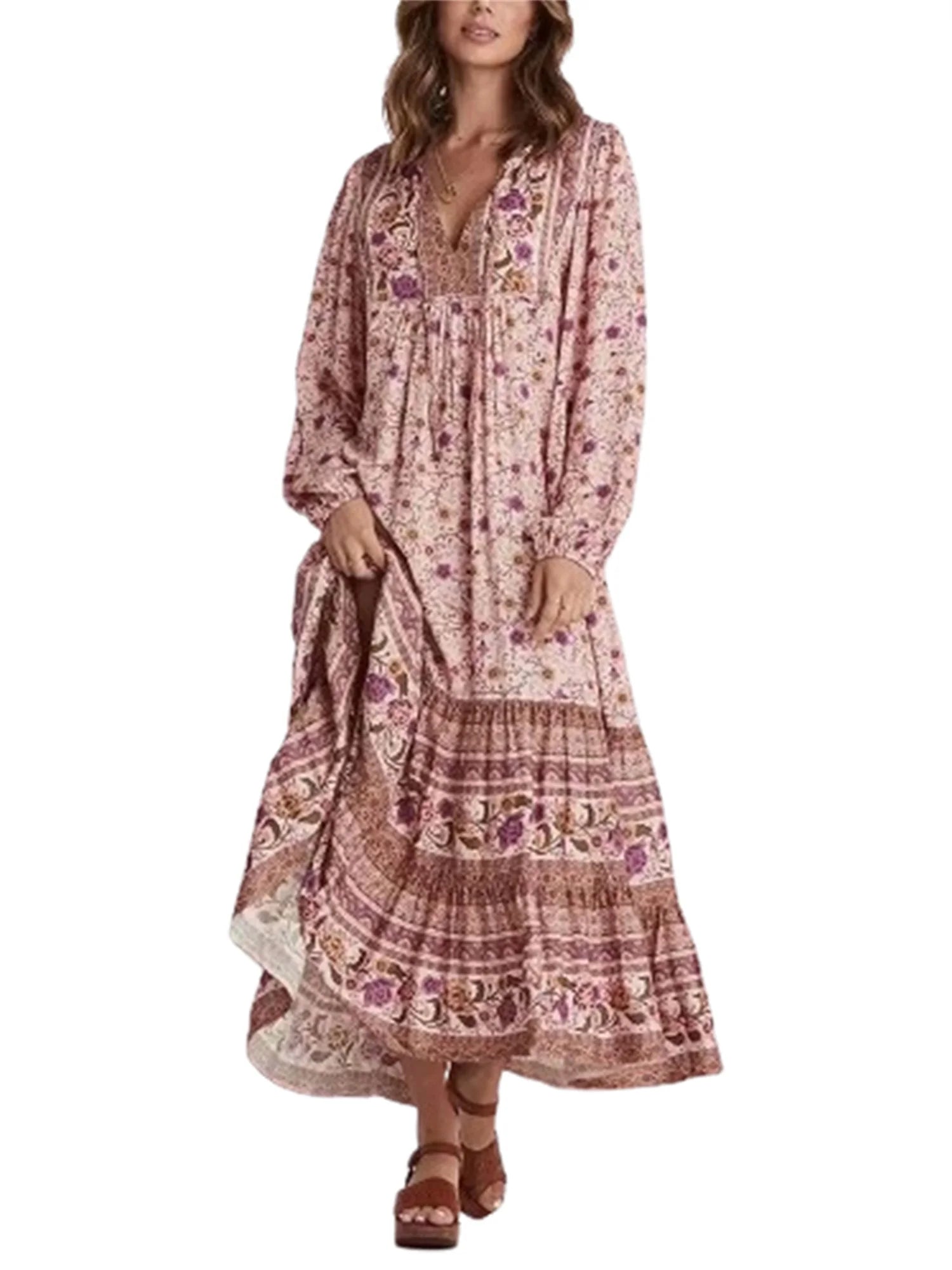 Women s Bohemian Long Dresses Floral Print Long Balloon Sleeves Tie V-Neck Tiered Smock Flowy A-Line Dress - Seprincess