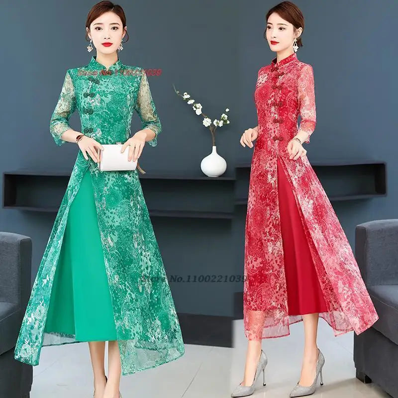 2024 chinese vintage dress improved cheongsam women traditional flower mesh qipao dress oriental banquet evening dress vestido - Seprincess