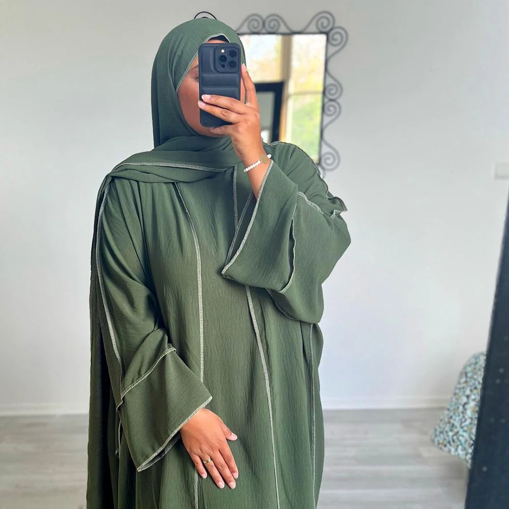 Three Piece Abaya Set With Hijab Free Belt Jazz Crepe Kimono Sleeveless Under Dress EID Ramadan Muslim Women Islamic Clothing - Seprincess