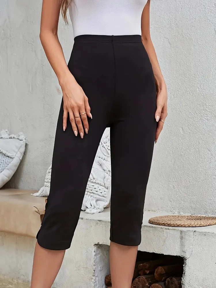 Women's Fashionable High Waisted Tight Capris Yoga Casual Solid Color Button Side Slit High Waisted Leggings