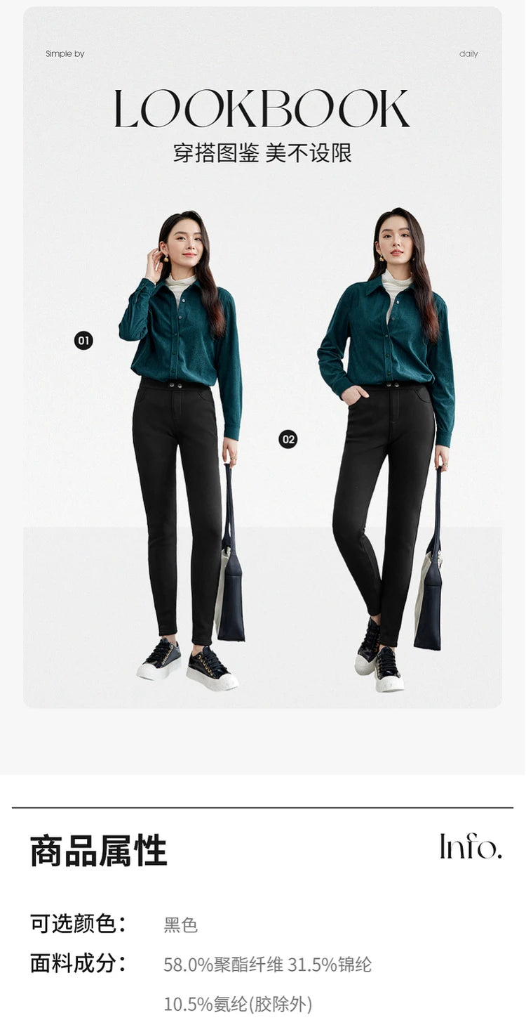 SENTUBILA Slim Thick Pants for Women 2024 Winter Knitted Casual Pencil Pants Metal Button Solid Full-length Trousers W44K56480