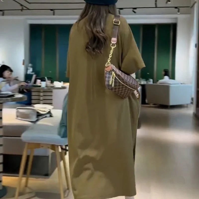 Fashion V-Neck Solid Color Spliced Pockets Loose Korean Long Dress Women's Clothing 2023 Summer New Oversized Casual Dresses - Seprincess