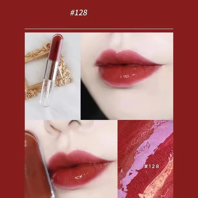 Double Head Mirror Lip Lipstick Cherry Red Glossy Double Touch Retro Red Long Lasting Moisturizing Transparent Gloss Lipstick - Seprincess