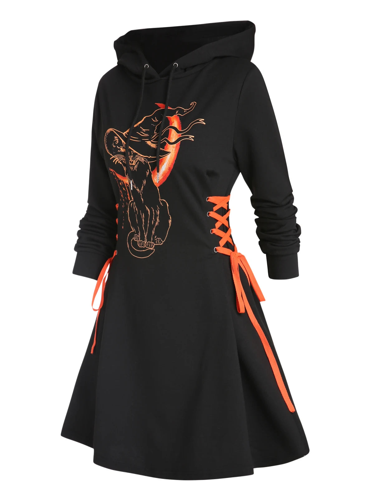 Dressfo 2024 Womens Gothic Hoodie Dress Cat Hat Moon Print Lace Up Long Sleeve A Line Mini Dress Christmas Sweatshirt Dresses - Seprincess