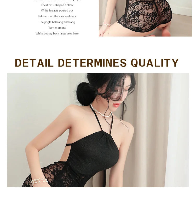 lingerie Hanging neck lace perspective hip hugging sexy nightgown call of the night women fancy underwear - Seprincess