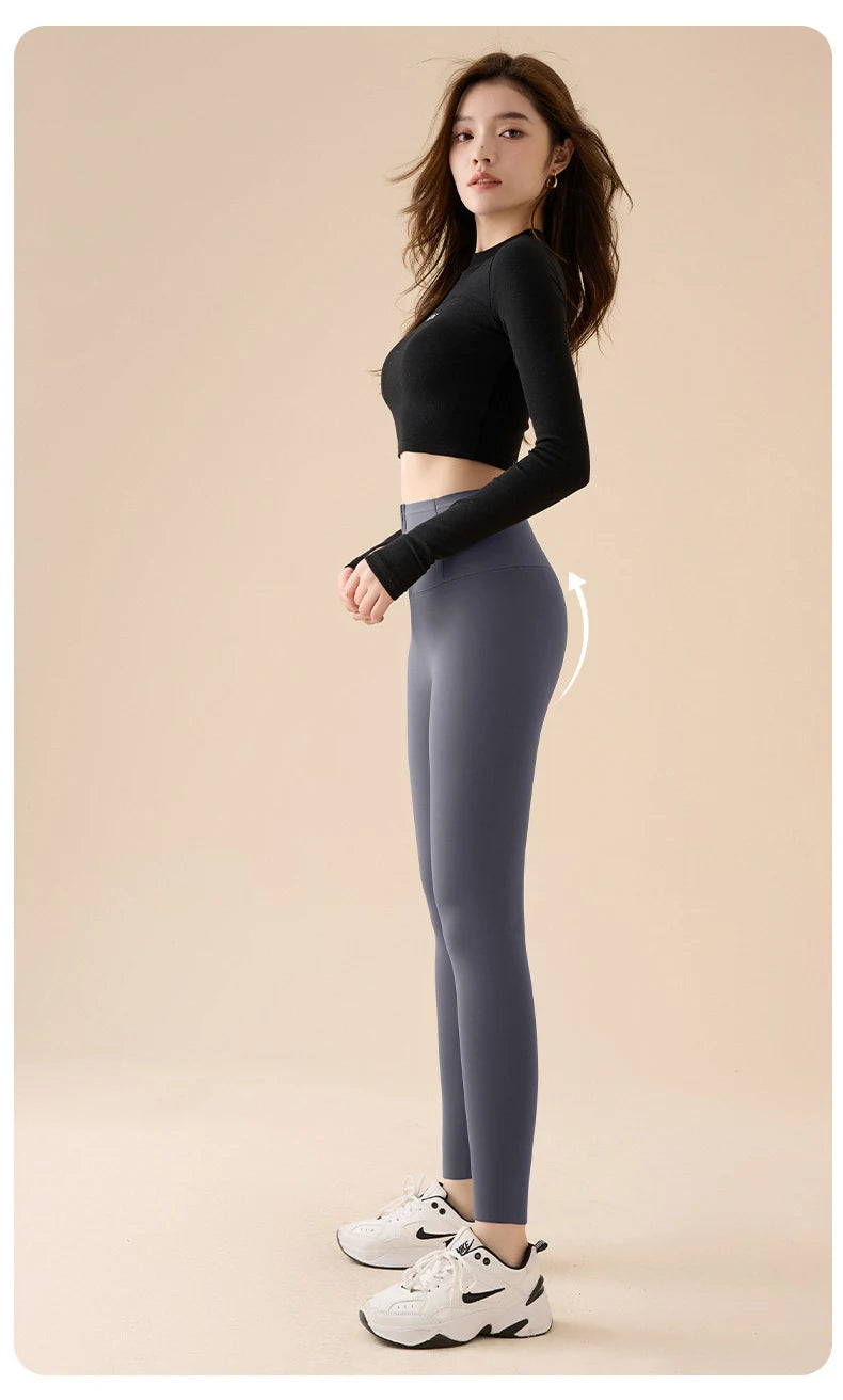 BIVIGAOS Fall Winter Fleece Thick Breasted Zipper Sharkskin Leggings Women's Waist Shaping Tight Sports Leggings Warm Pants