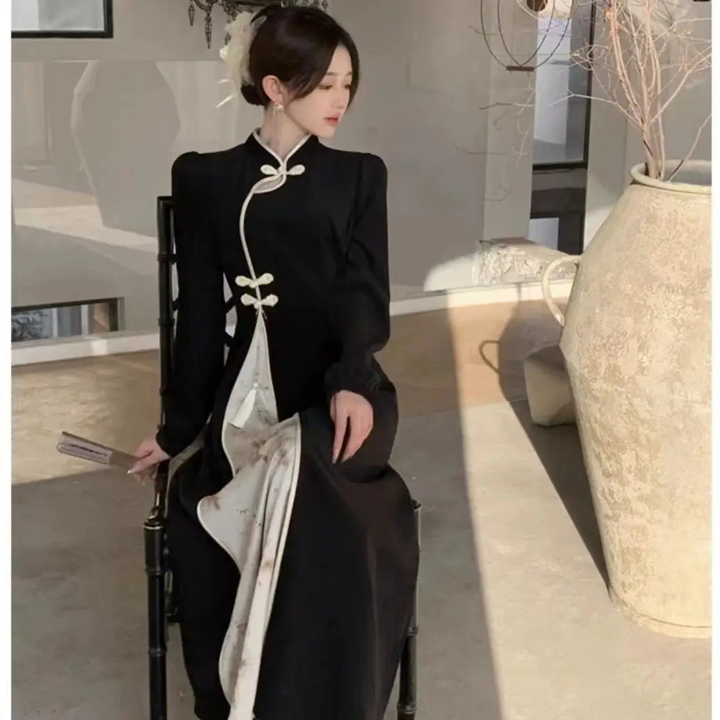 Modern Qipao Improved Cheongsam Chinese Dress Traditional Women's Clothing Autumn Winter Dark Patterned Jacquard Long Sleeve - Seprincess