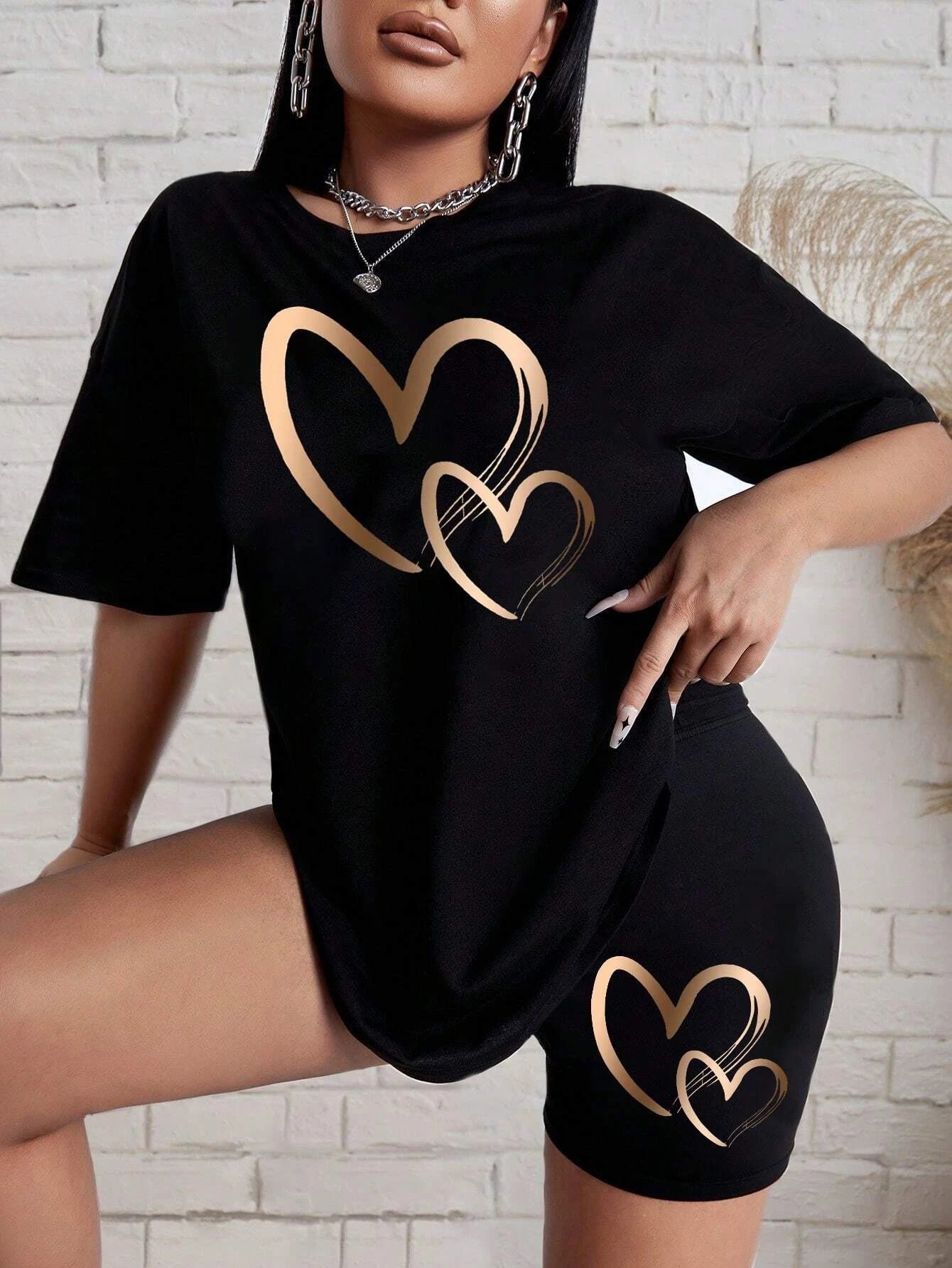 Love Pattern Print Women Cotton T Shirts Two Piece Set Fashion Hip Hop Short Sets Breathable Soft Summer New Shirt Shorts Female - Seprincess