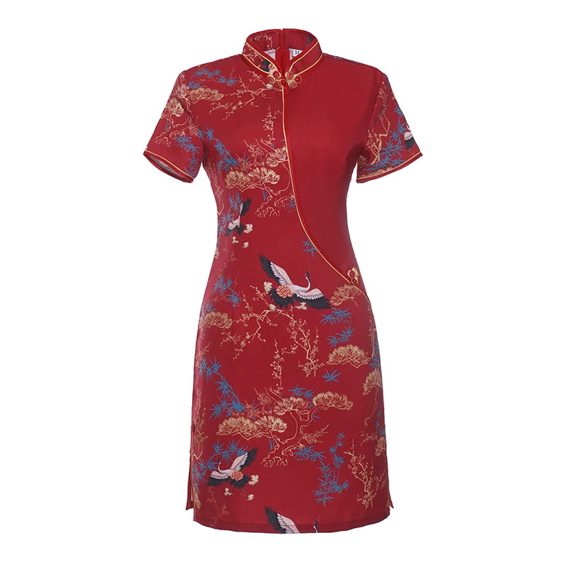 Red Chinese Style Modern Cheongsam Summer New Improved Stitching Short Women's Qipao Dress - Seprincess