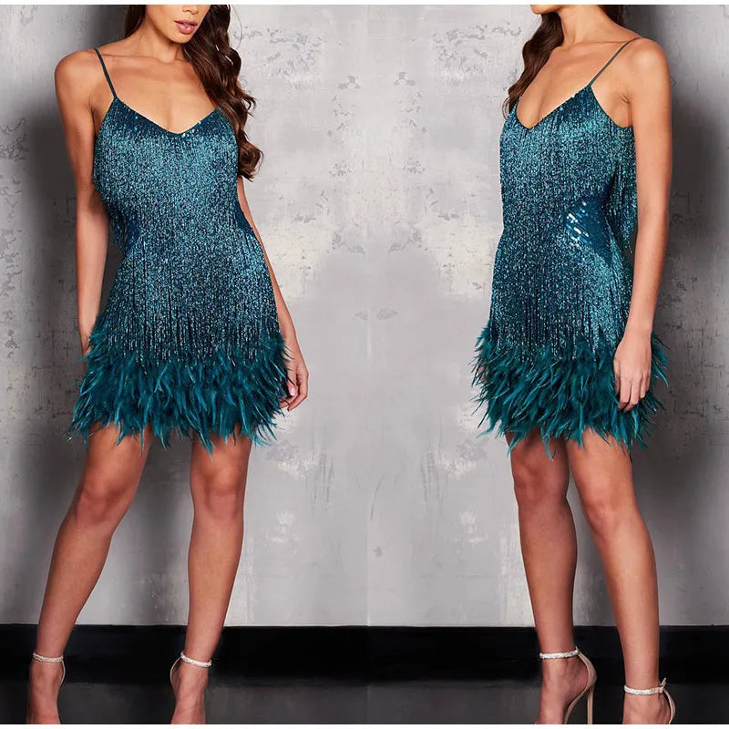 2024 Sexy Women's Fringed Sequin Feather Stitching Dress Summer Slim V-Neck Off Shoulder Dresses Female Backless Slip Mini Robe