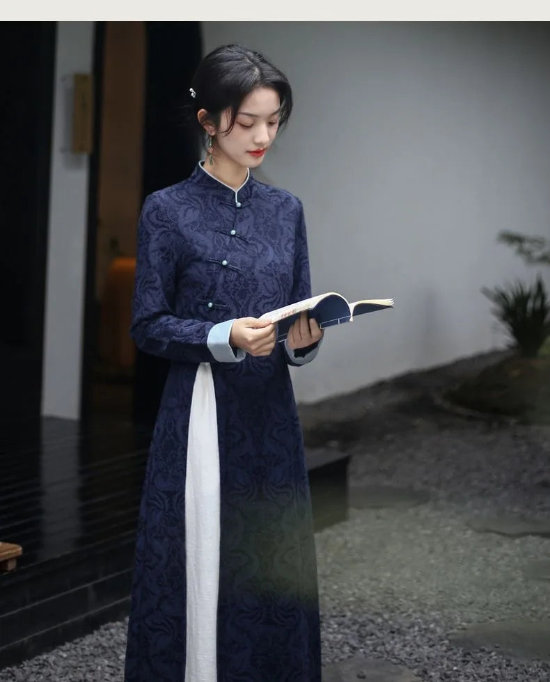 2024 Autumn New Vietnam Aodai Chinese Styles Women Floral Printing Vintage Long Dress Qipao Chinese Elegant Cheongsam Dress - Seprincess