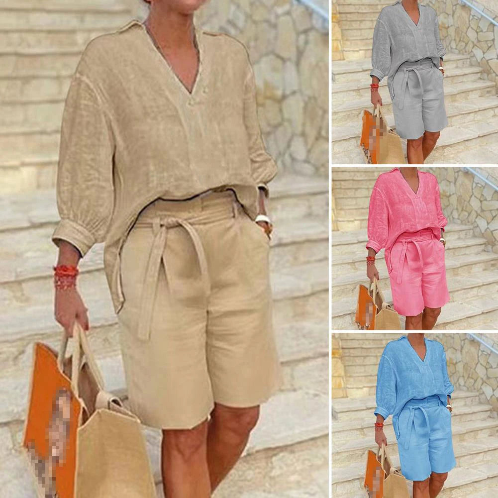 Women Suits Elegant Style Two Piece Set Half Sleeve V-Neck Casual Loose Shirt + Pocket Belt Shorts Summer Cotton Linen Outfits - Seprincess