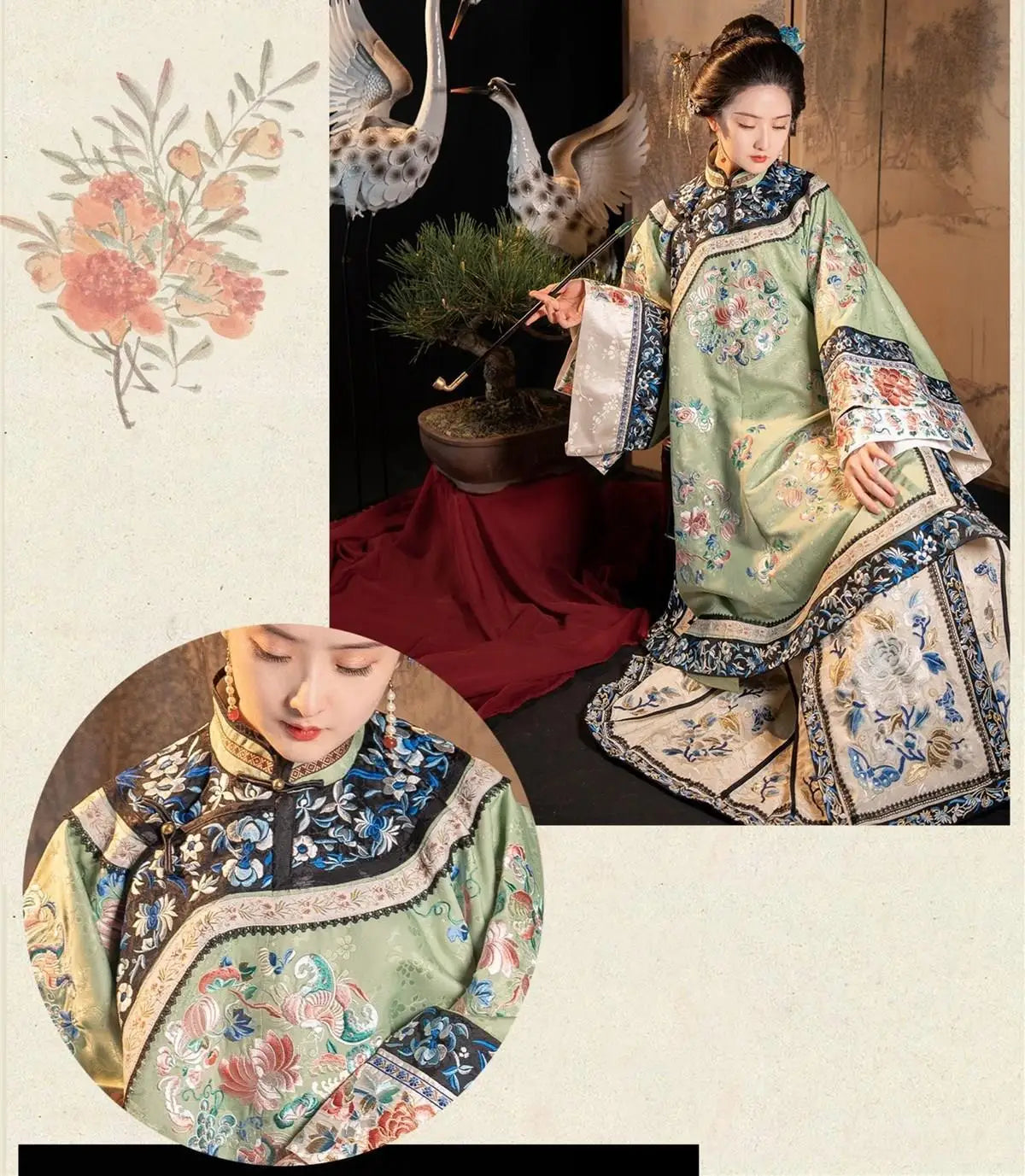 Retro Chinese Hanfu Dress Luxury Women Qing Dynasty Flower Printing Stage Costumesclothes Traditional Cheongsam Qipao Cospaly - Seprincess