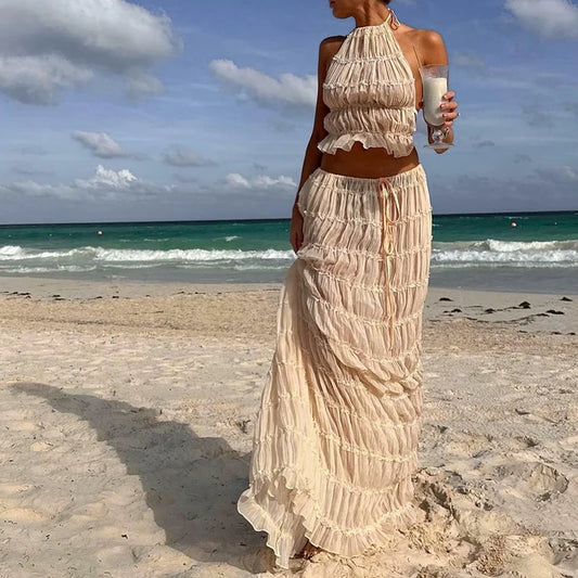 Women Boho Sexy Backless Matching Suit 2 Piece Beach Holiday Outfits Vintage Ruched Halter Cami Tops + Maxi Long Skirt Party - Seprincess