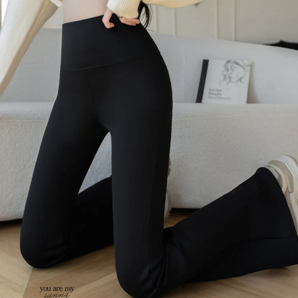 Autumn Winter Velvet Pants Women Fashion High Waist Flare Pant Black Casual Basic Seamless Trousers Warm Thick Leggings 2024