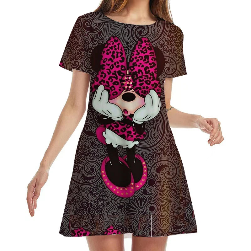 New Disney Minnie Mouse Anime Print Summer 2022 Ladies Sexy Round Neck Boho Beach Dress Ruffle Short Sleeve Mini Dress Y2K - Seprincess