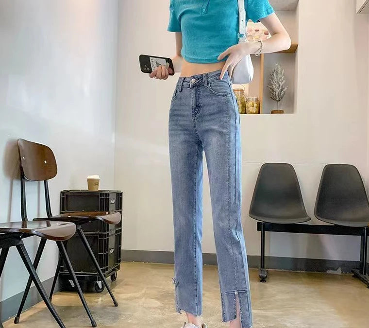 Pearl with Decorations Trousers Blue Cropped Straight Leg Women's Jeans Black and Capris High Waist Shot Short Japanese Y2k A R