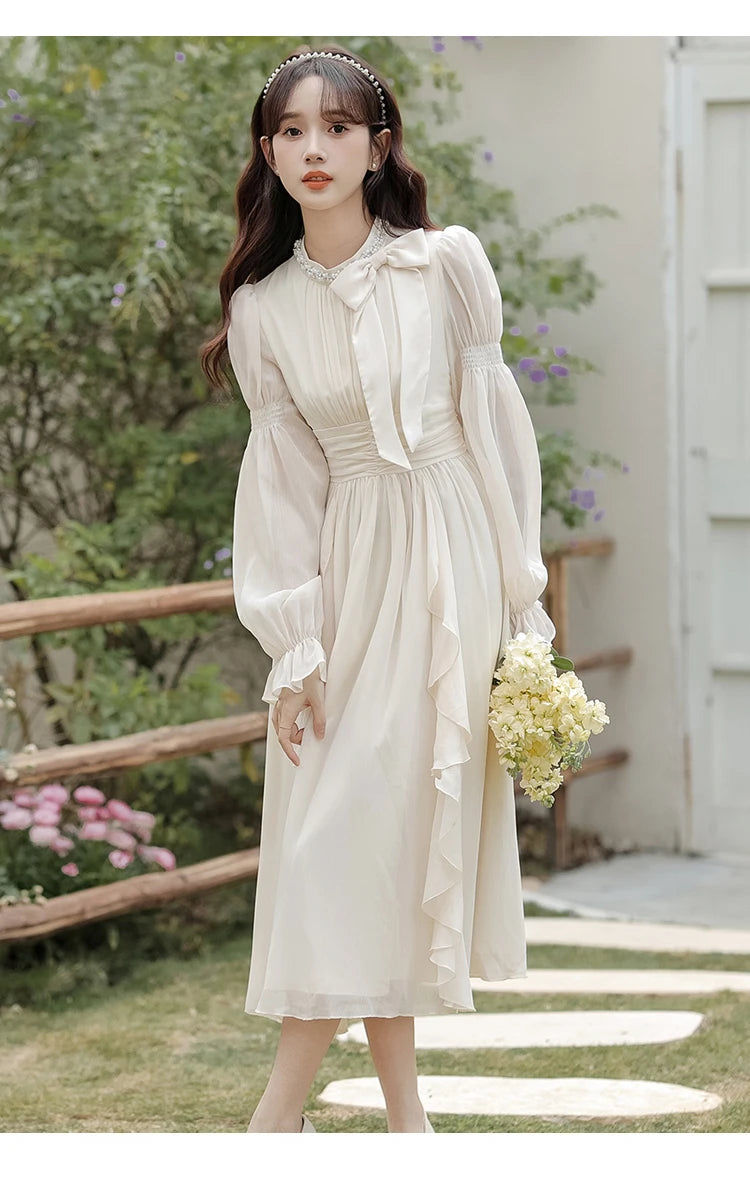 Autumn Chiffon Midi Dresses for Women O-neck Bow Flare Sleeve High Waist Ruffles A-line Princess Party Dress Vestidos Mujer New - Seprincess