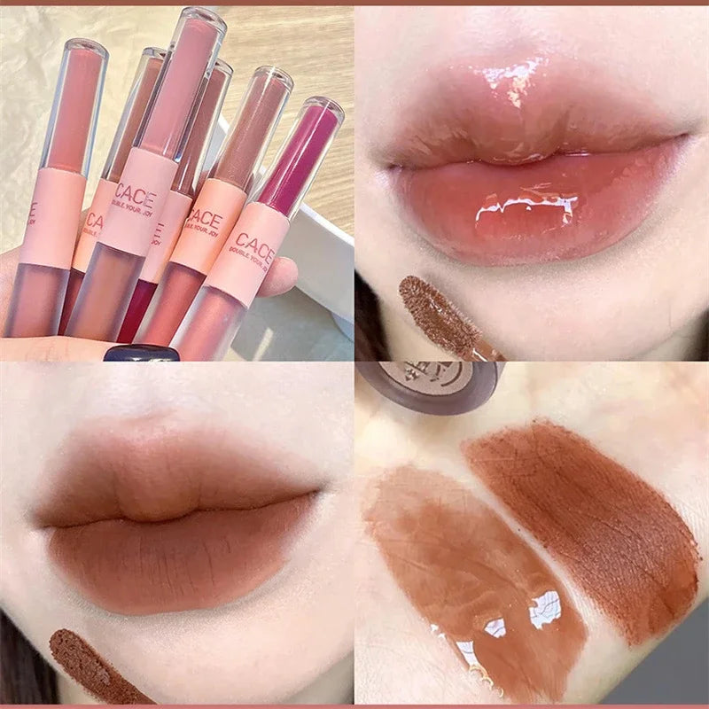 Double Head Lip Gloss Matte Velvet Sexy Red Tint Liquid Lipstick Waterproof Lipgloss Lasting Lip Glaze Korean Makeup Cosmetics - Seprincess