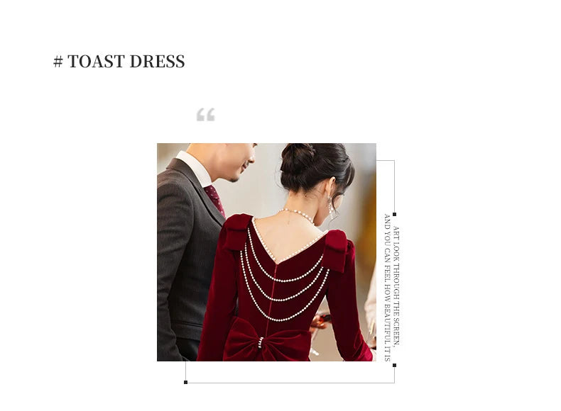 Burgundy Velvet Evening Dress Elegant Beaded Square Collar Engagement Dresses Temperament Bow Long Sleeve Formal Banquet Gown - Seprincess