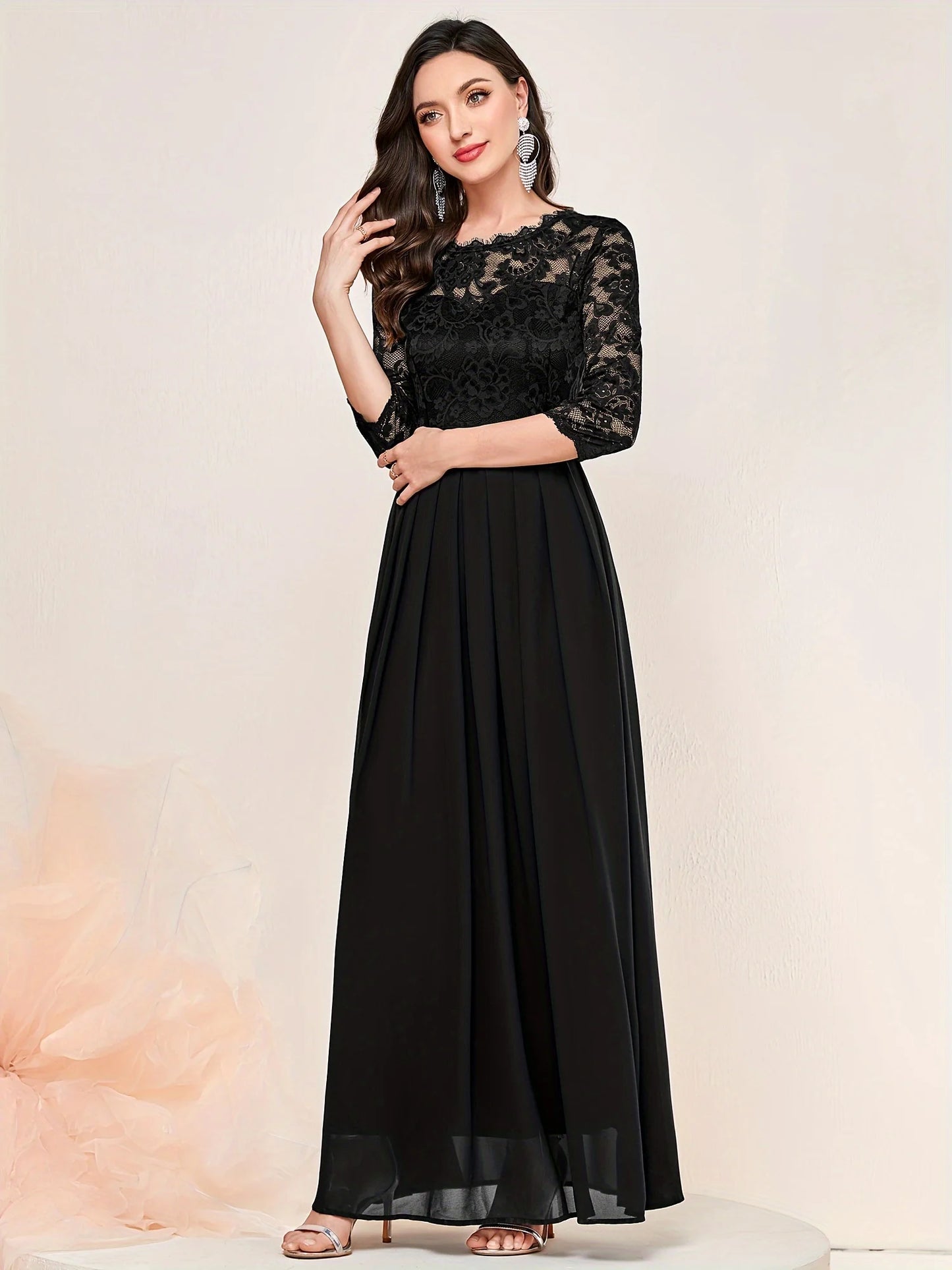 Contrast Lace Pleated Elegant Solid 3/4 Sleeve Party Maxi Formal Evening Dress - Seprincess