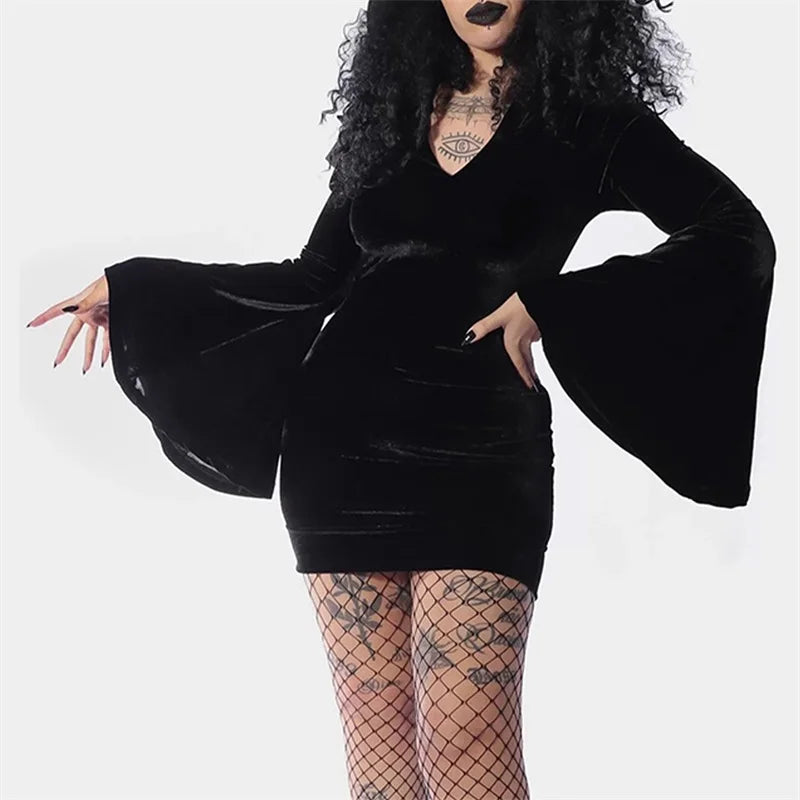 Women Halloween Witch Cosplay Costumes Long Sleeve Black Hooded Bodycon Mini Dresses Gothic Goth Short Dress for Party - Seprincess