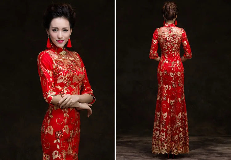 Red Chinese Wedding Dress Female Long Short Sleeve Cheongsam Gold Slim Chinese Traditional Dress Women Qipao for Wedding Party - Seprincess