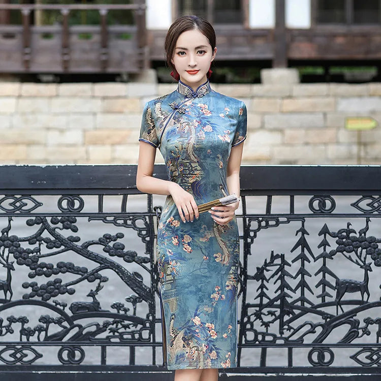 Elegant Print Female Qipao Traditional Classic Chinese Dress Asian Clothing Sexy Slim Short Cheongsam Mandarin Collar Vestidos - Seprincess