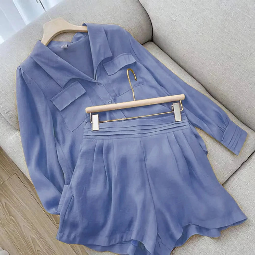 Spring Shirt Two Piece Set For Women Summer Shorts 2 Piece Sets Suits Solid Color Long Sleeve Shirt Short Casual Outfits Female - Seprincess