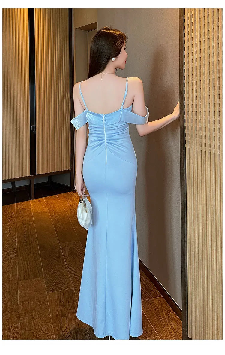 2024 The New Host Model Bridesmaids Party Socialite High-Grade Deep V-Neck Halter Long Evening Dress - Seprincess