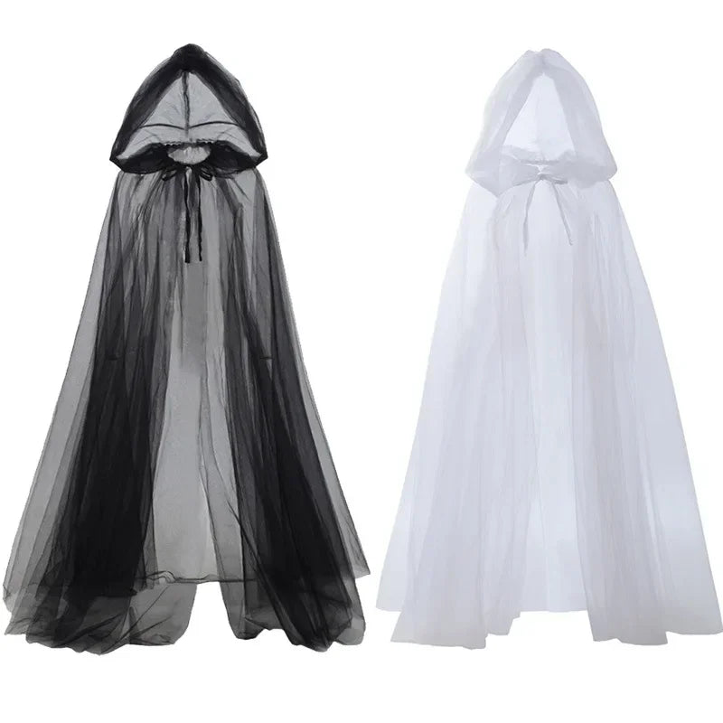 Women Medieval Fairy Shawl Cape Chiffon Gothic Wicca Robe Black White Cosplay Victorian Dress Cloak Halloween Costume for Women - Seprincess