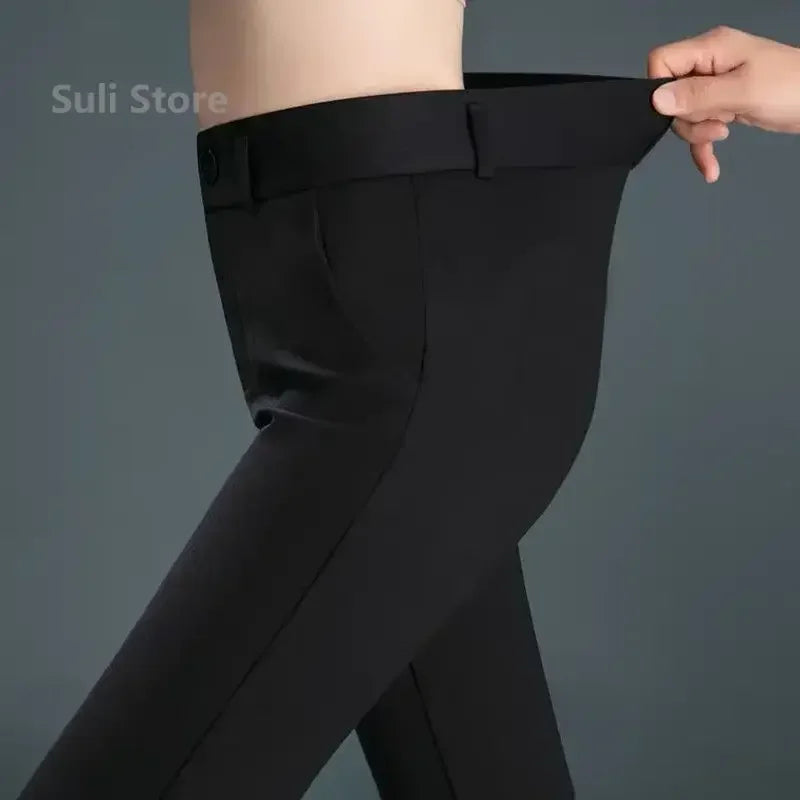 Spring Autumn Casual Button Elastic Mid Waist Black&Navy Blue Straight Trousers Office Lady Quick Drying Suit Pants Female