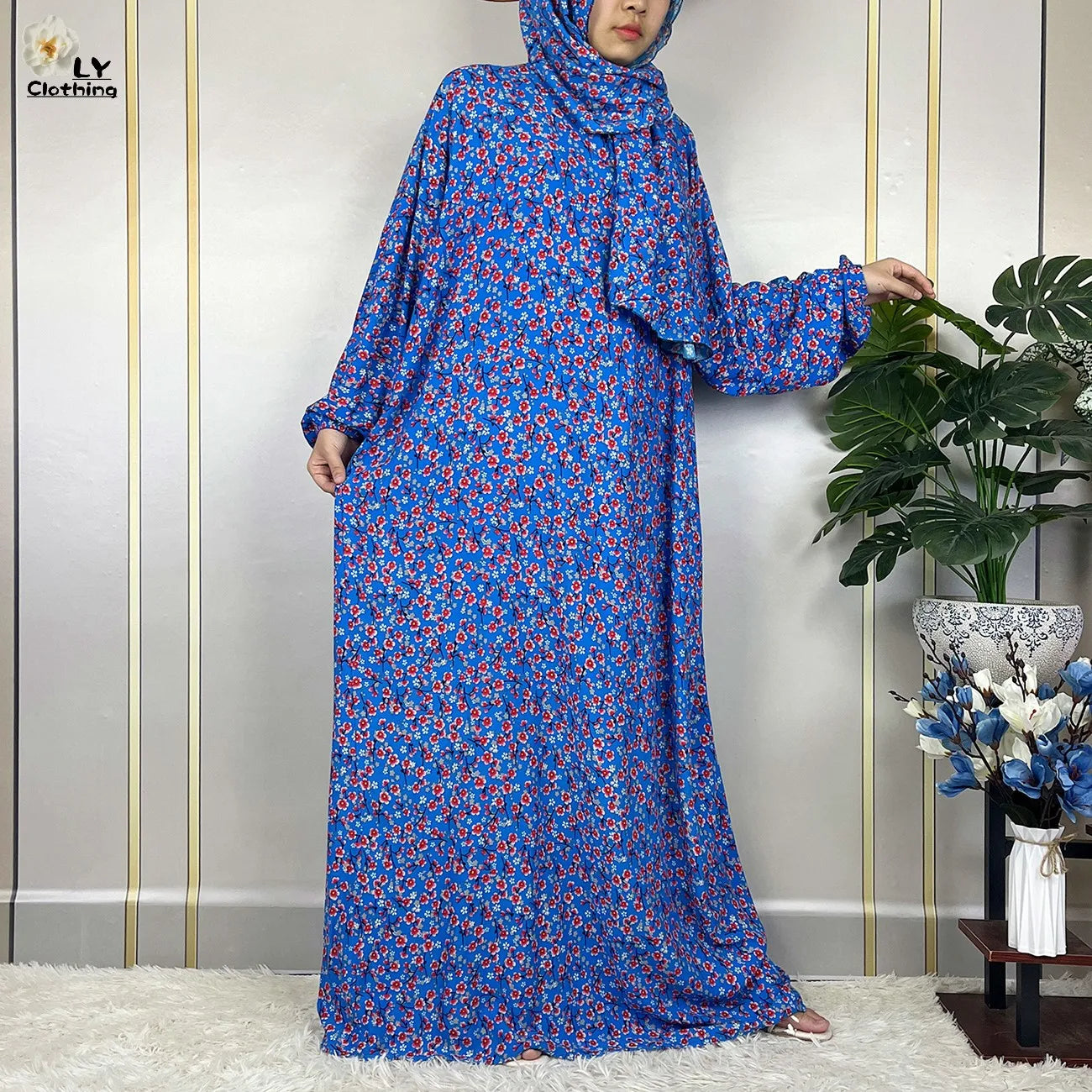 2024Latest Muslim Abayas For Women Ramadan Prayer Maxi Dubai Turkey Femme Cotton Robe Floral Loose African Dress Turban Attached