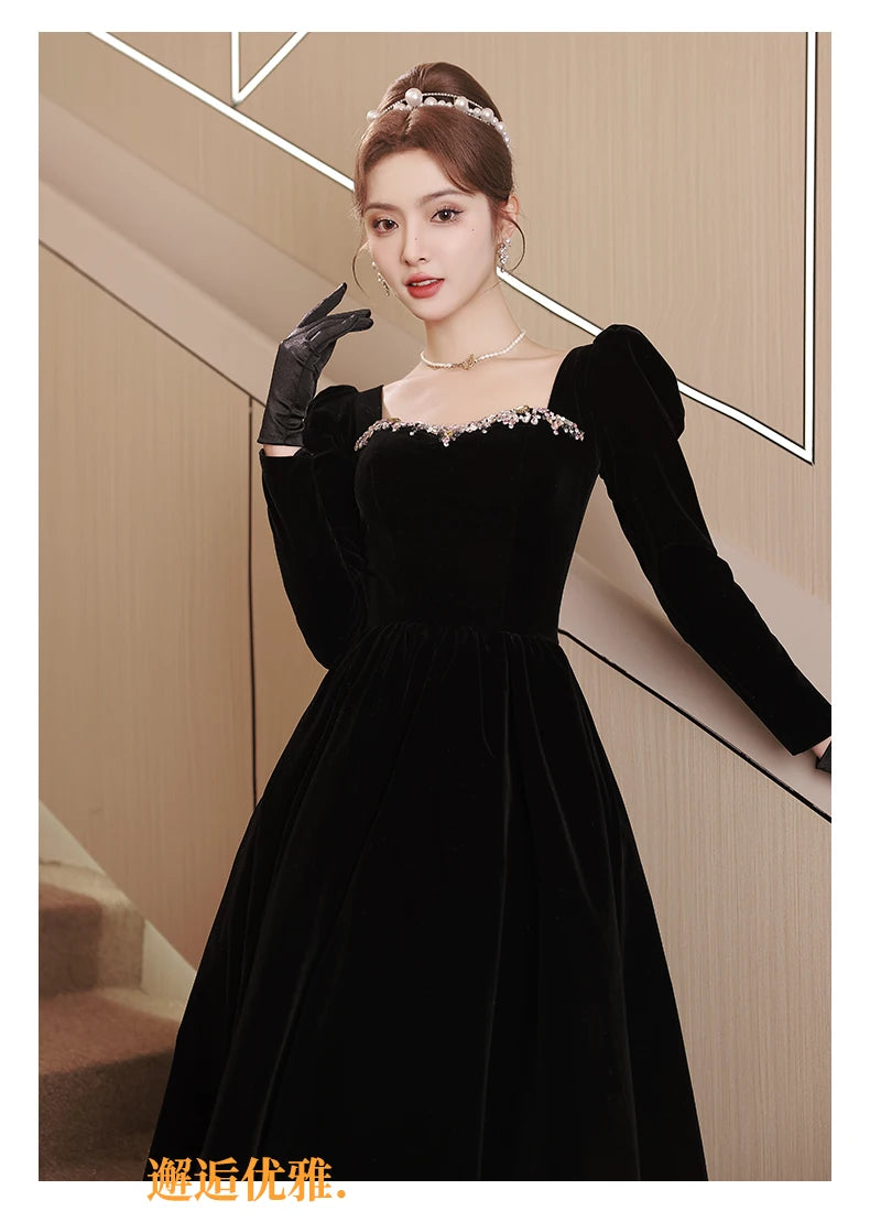 Black new light luxury small temperament banquet velvet long-sleeved dress - Seprincess