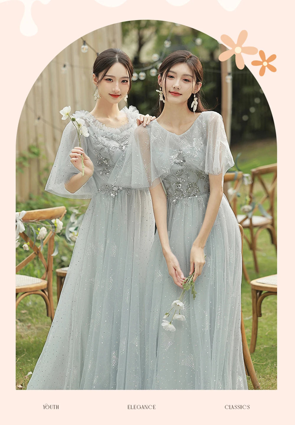 4 Styles Grey Bridesmaid Dress Women's Elegant V-neck Sequins Shawl Collar Slim A-line Gown Light Luxury Wedding Party Vestido - Seprincess