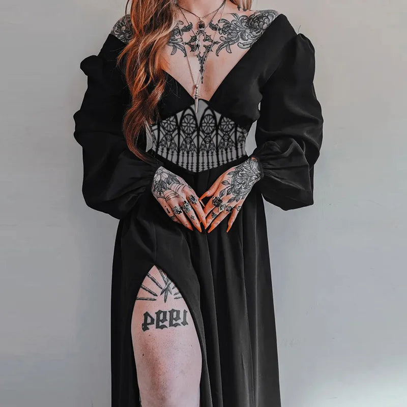 Fashion Hipster Slim Print Waist Big V-neck Dress Woman Halloween Party Black Dress Mysterious Witch Renaissance Daily Cosplay - Seprincess