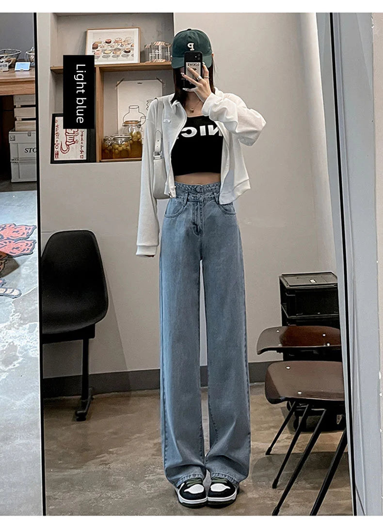 Niche High-waist Double-button Slimming Women's Jeans Charcoal Grey Loose-fit Versatile Petite Length Denim Trousers