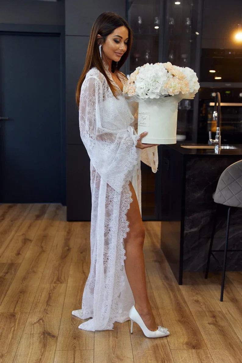 Bride White Boudoir Maxi Lace Robe Long Silk Robe with Chantilly Lace Sleeve Wedding Dressing Gown Women Bridal Honeymoon Robe - Seprincess