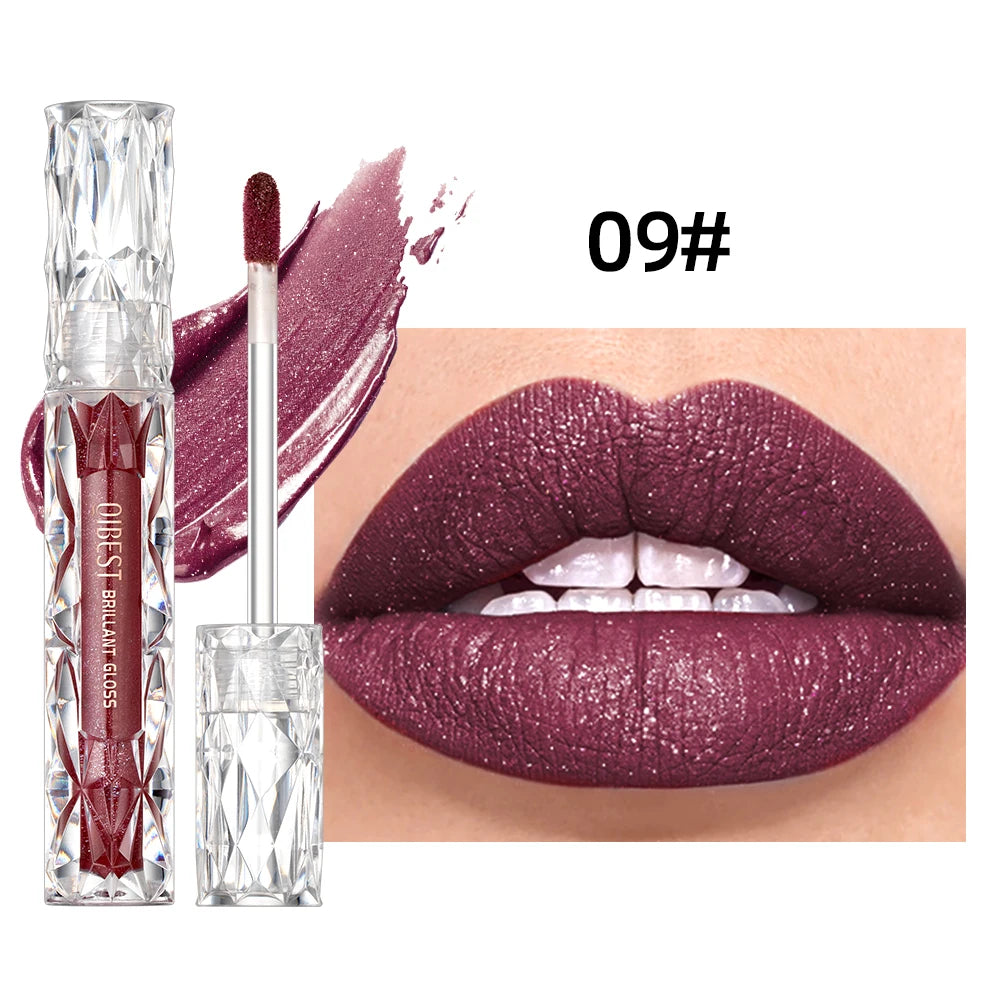 QIBEST Shimmer Lip Gloss Diamond Glitter Lip Tint Waterproof Long Lasting Matte Liquid Lipstick Red Purple Lipgloss Women Makeup