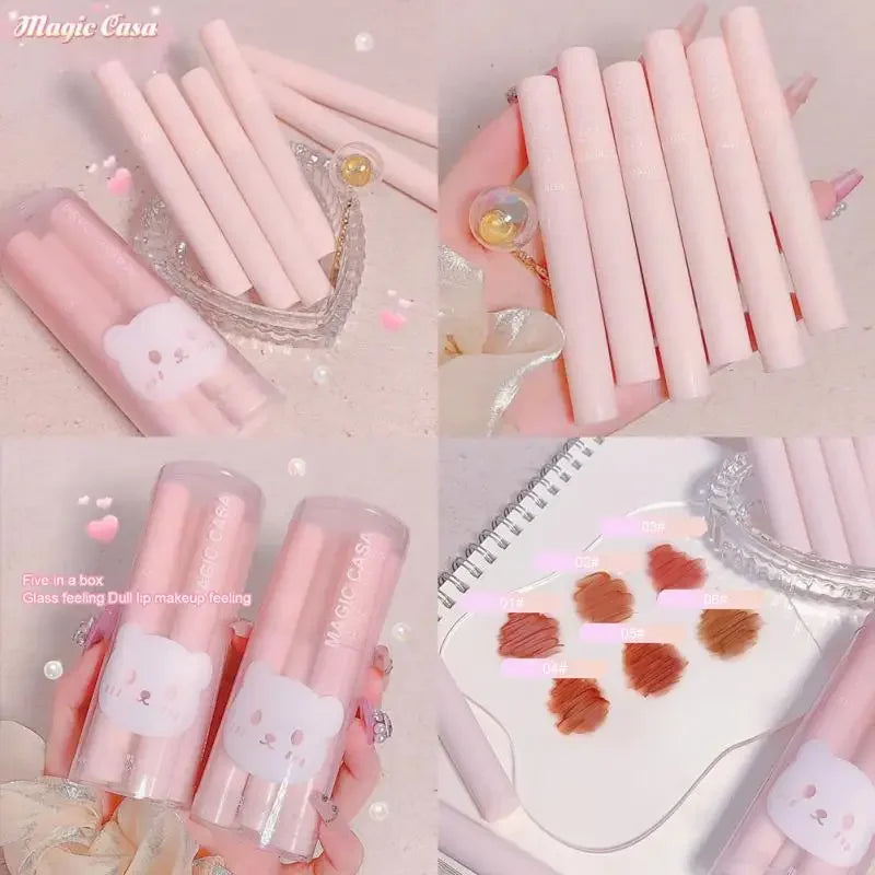 6pcs Set Cute Pink Lip Glaze Waterproof Liquid Lipstick Beauty Cosmetics Mirror Water Lip Gloss Lipgloss Gift Set Lips Makeup - Seprincess