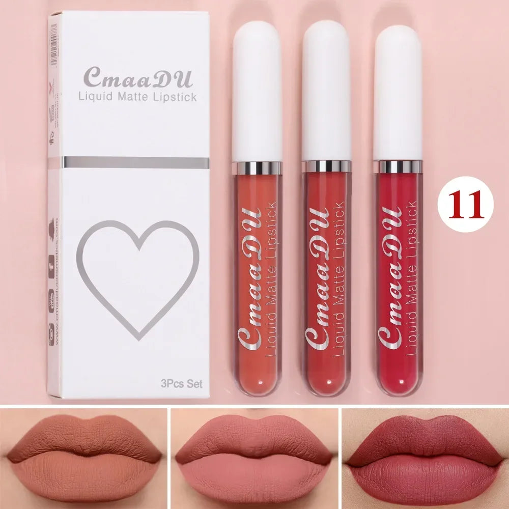 3Pcs/Set Waterproof Matte Nude Lip Gloss Brown Nude Pigment Dark Red Long Lasting Velvet Liquid Lipstick Women Makeup Lip Glaze - Seprincess